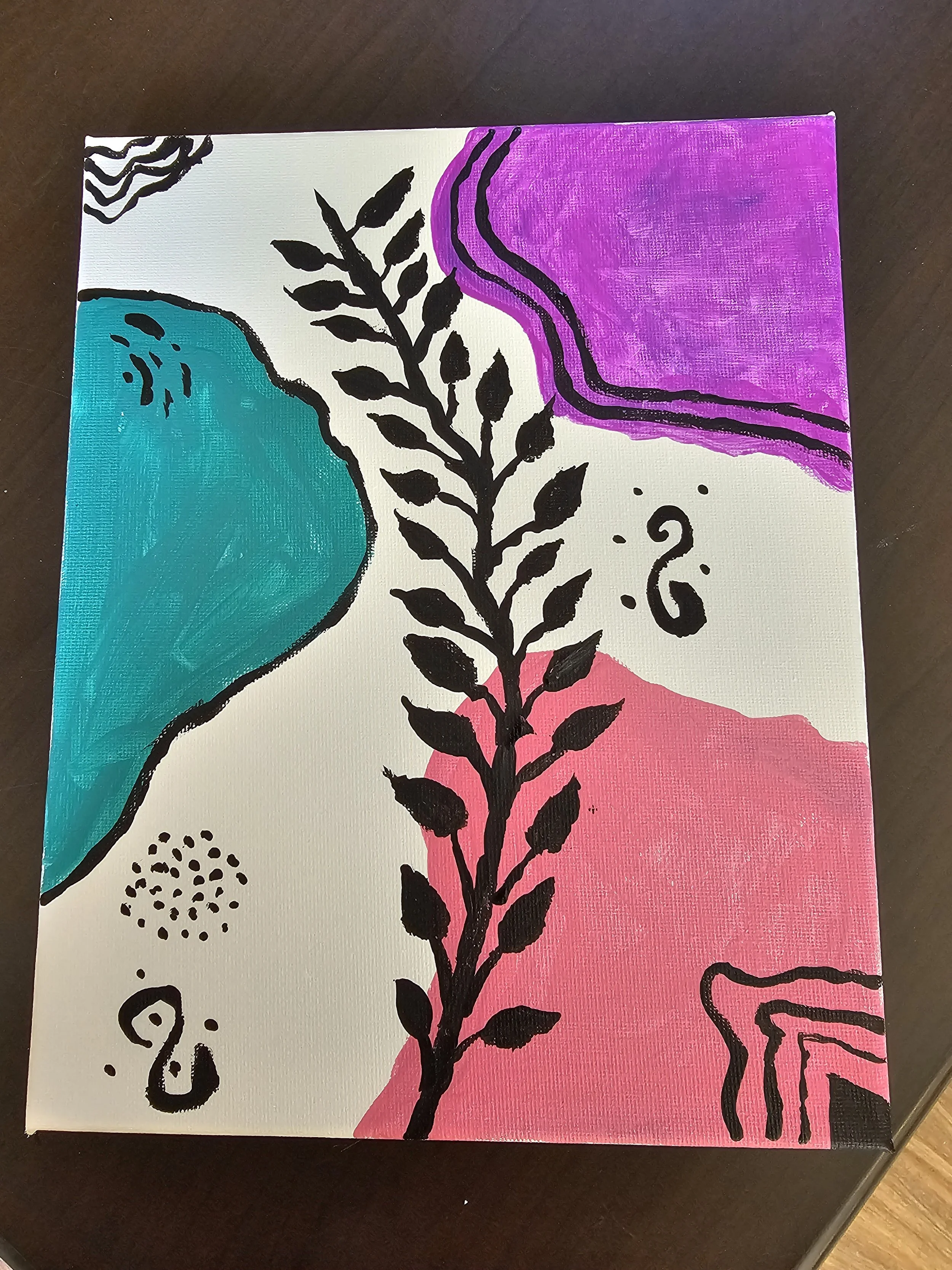 Abstract colorful painting with black line drawings of a branch and leaves, and shapes in teal, pink, purple, and white.