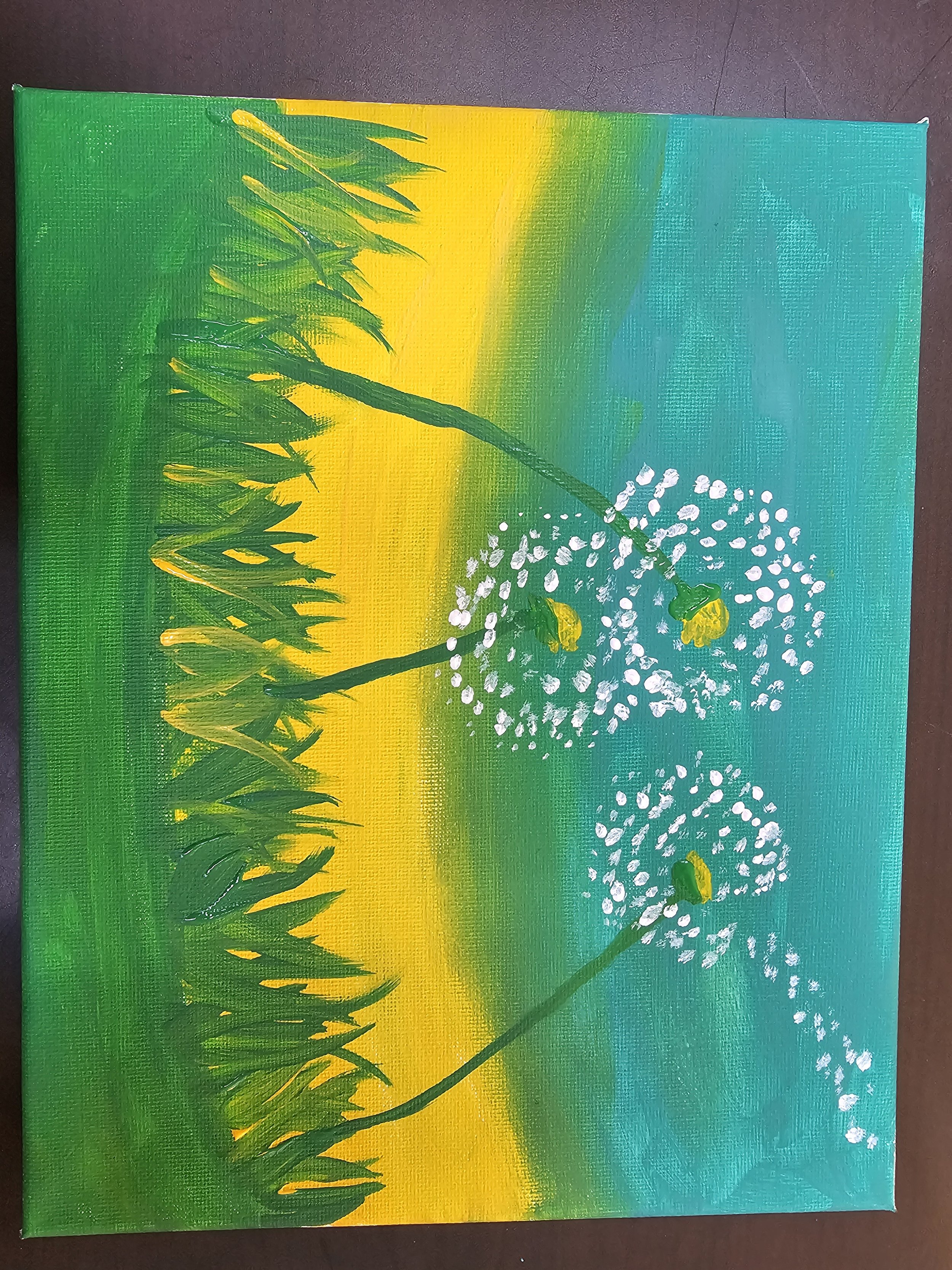 A bright, colorful abstract landscape painting featuring green grass, a yellow horizon, and a blue sky with white dots depicting flowers.