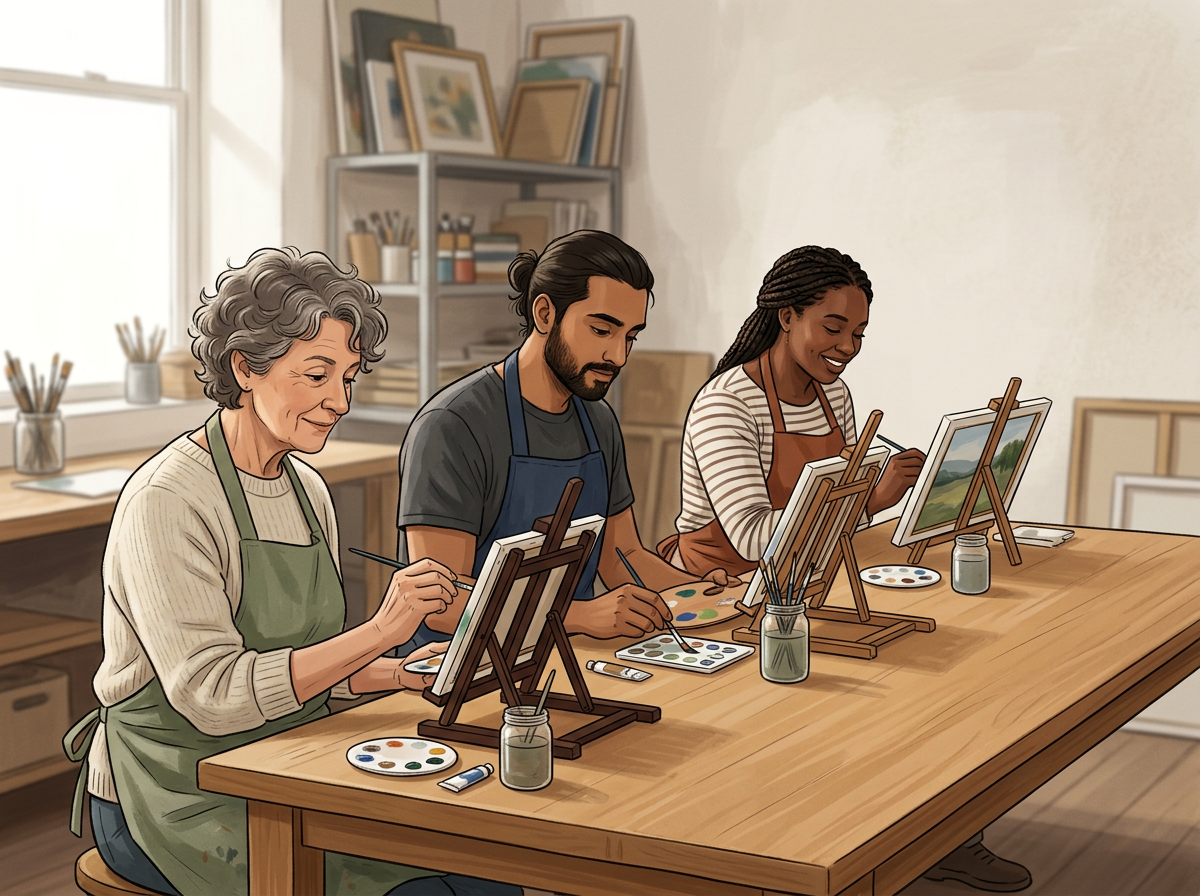 Three people painting small landscapes at a wooden table in an art studio, with art supplies and framed artworks in the background.