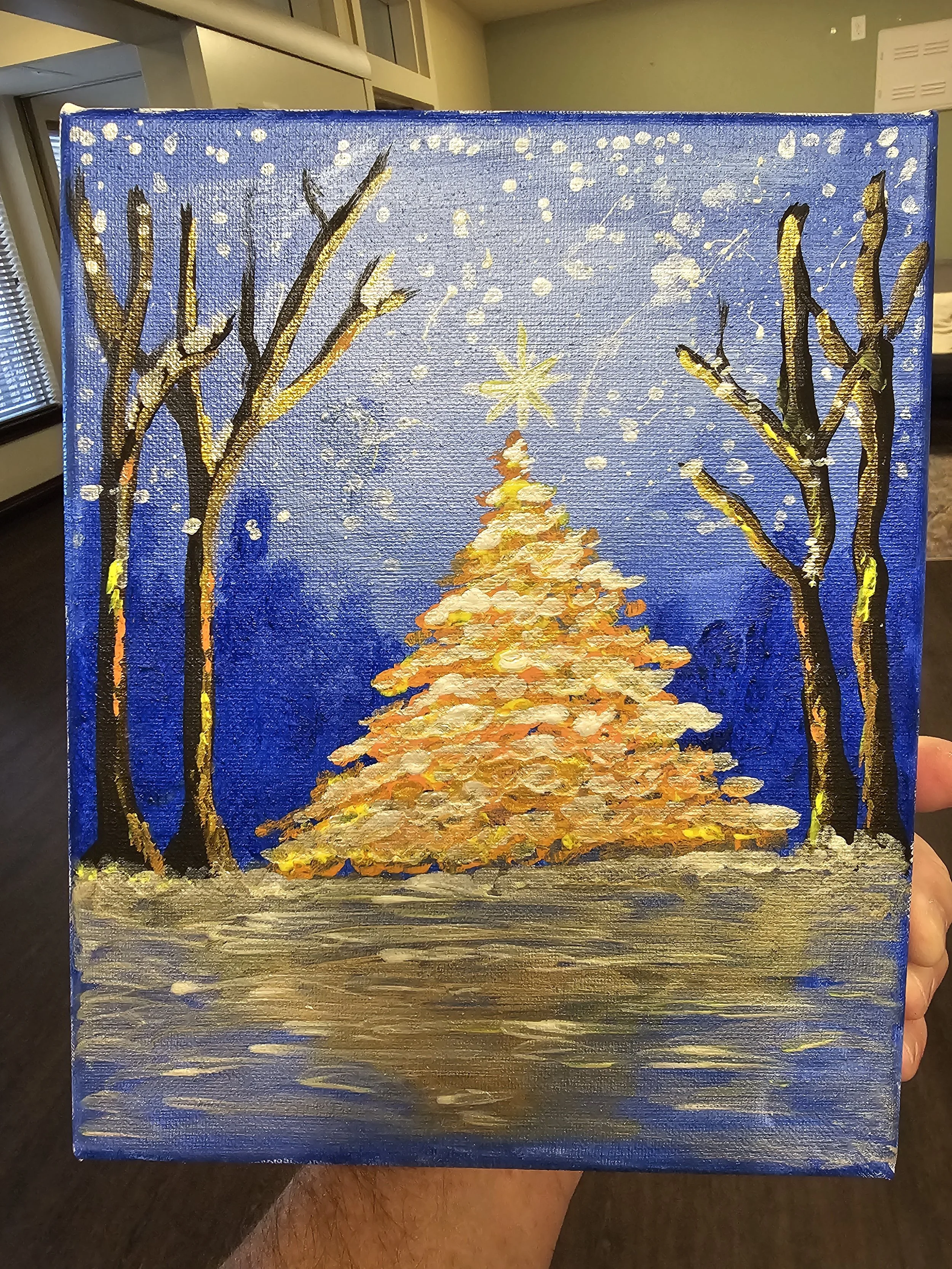 Painting of a winter scene showing a Christmas tree under a starry night sky flanked by two leafless trees.
