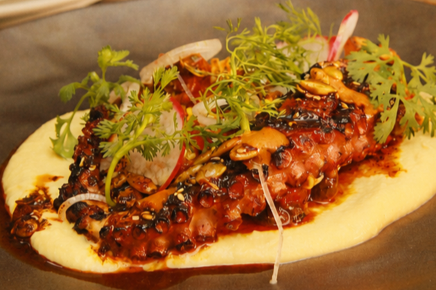 GRILLED OCTOPUS Cash $29 | Card $30.16 Char-grilled octopus served over garbanzo purée with ayocote bean salad, grilled corn, red onions, guajillo citrus salsa, thyme, oregano, red radish, salsa macha, and microgreens.