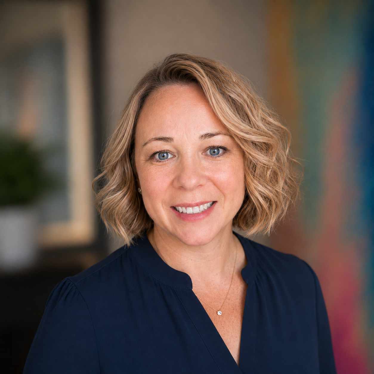 Marie Williams, female, caucasian, blonde chin length hair, navy blue blouse.