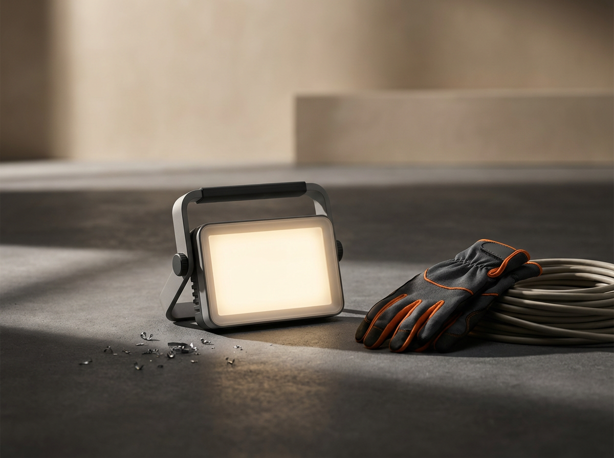 Work light, a pair of work gloves, and a coiled extension cord on a concrete floor with scattered screws.