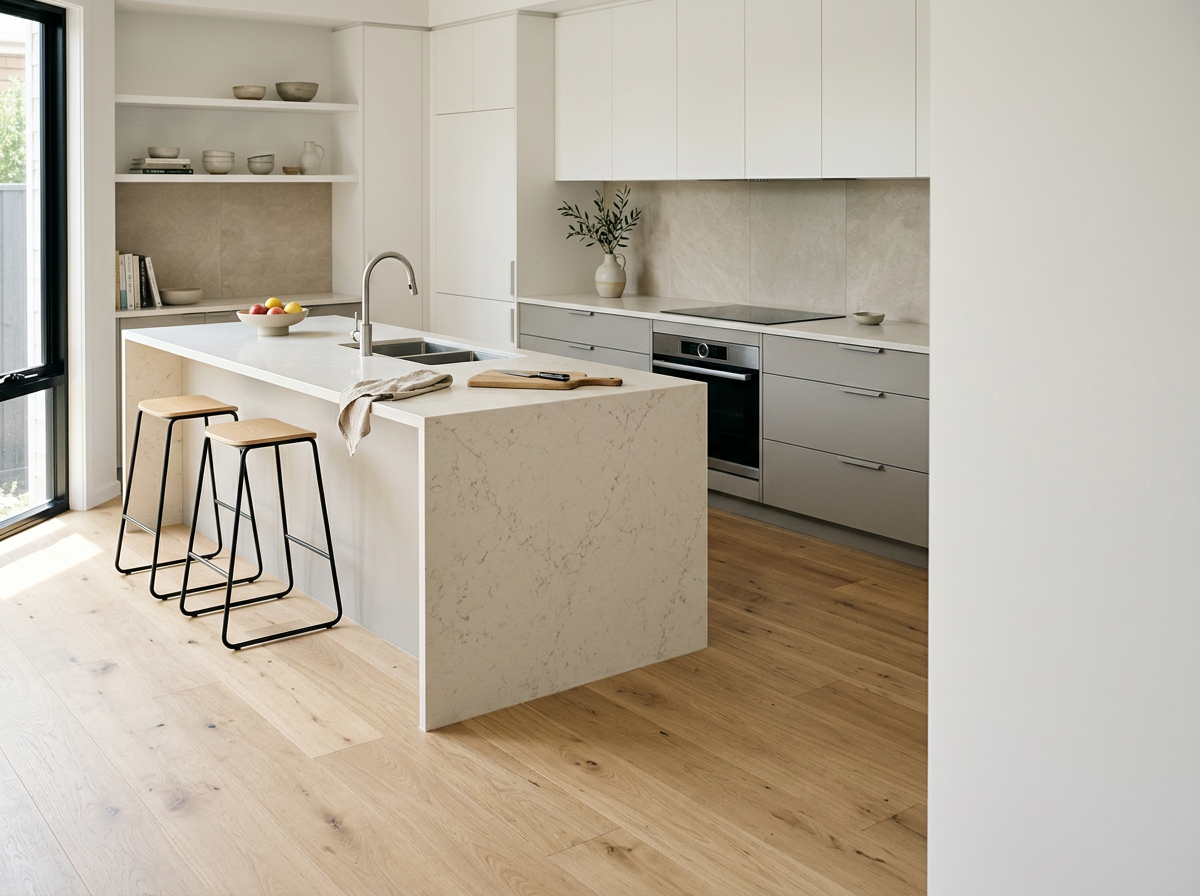 Modern minimalist kitchen with white and grey cabinets, a marble kitchen island with bar stools, open shelving with bowls and books, a built-in oven, and a potted plant on the counter.