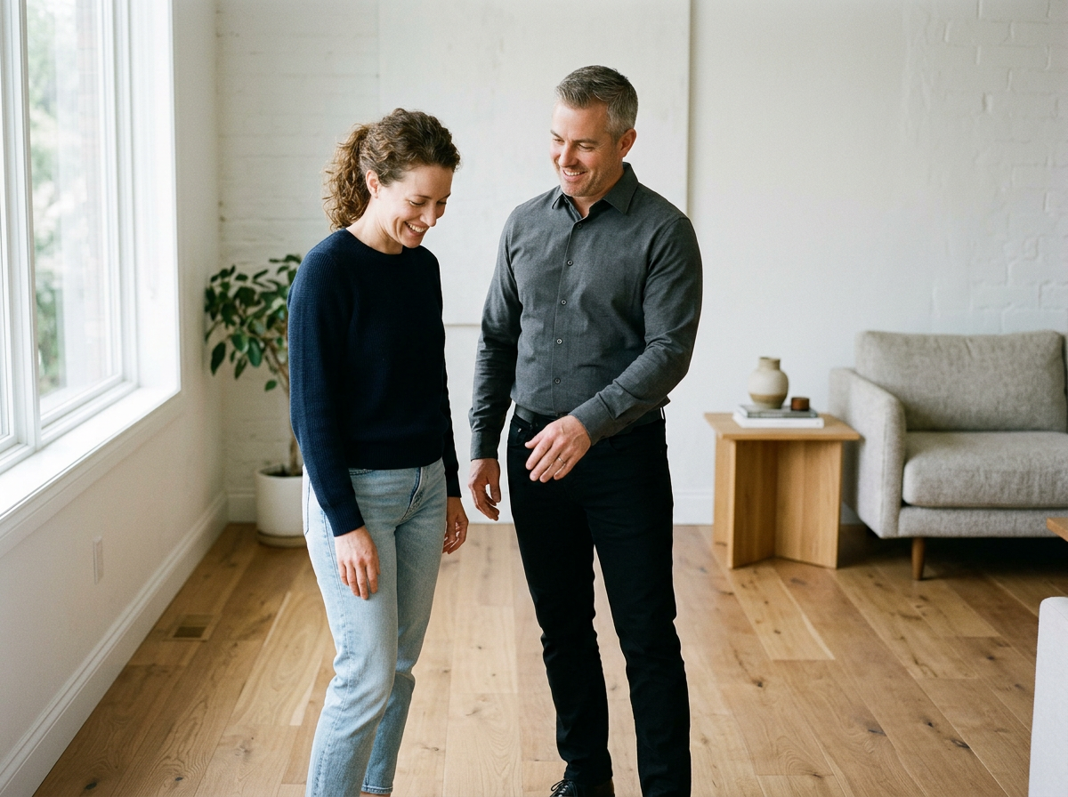A man and woman standing together in a living room, smiling and looking down.