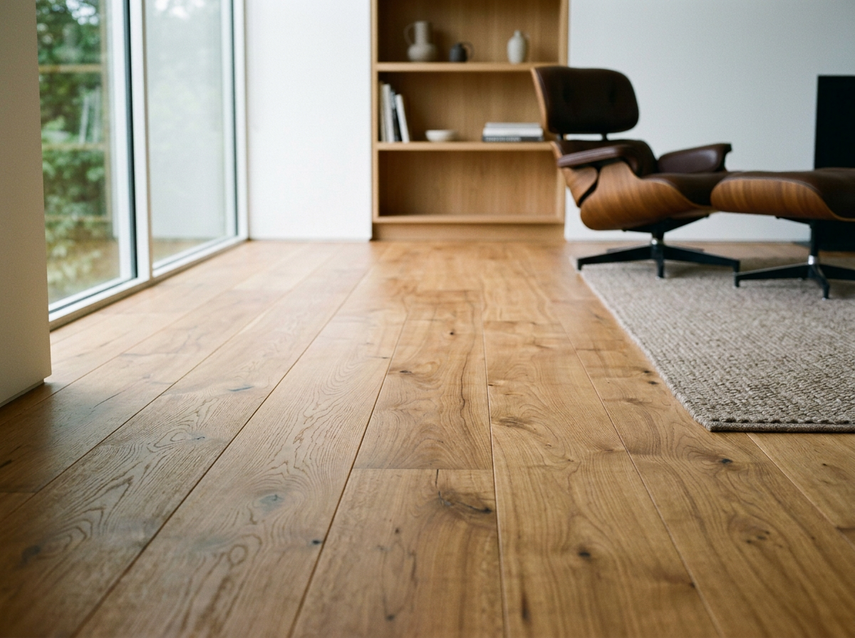Close-up of wooden floor in a modern living room with a brown armchair and a bookcase in the background.