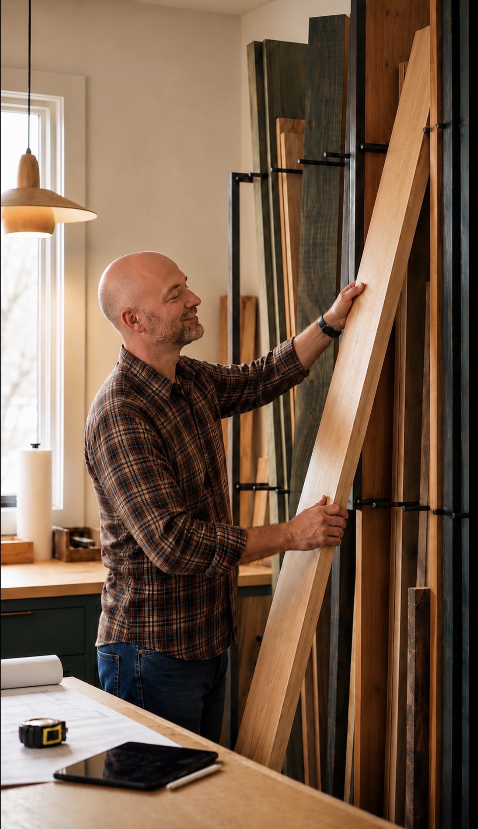 A man wearing a plaid shirt smiling while examining wooden planks stored vertically on a wall in a woodworking shop.