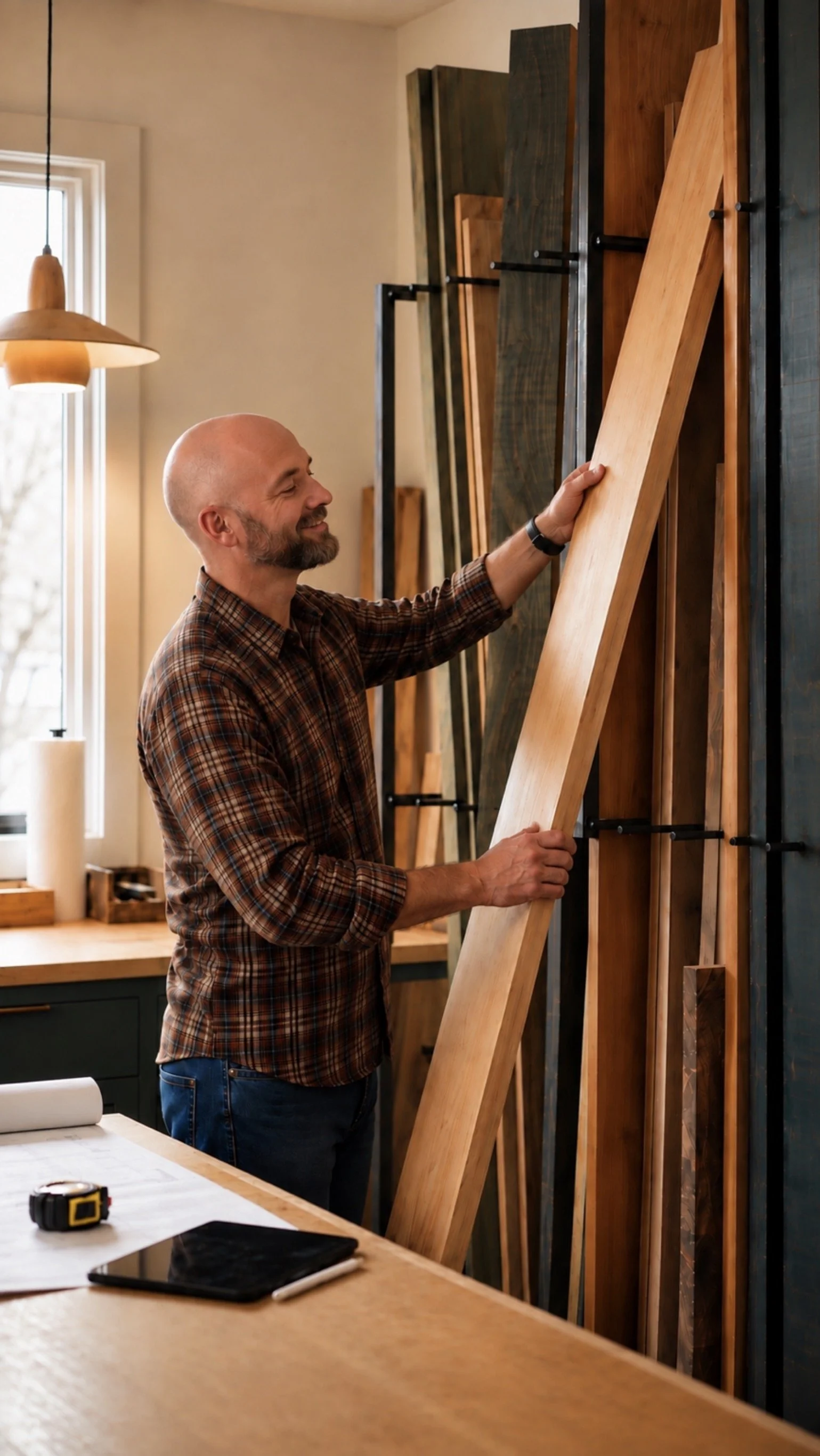 A man in a plaid shirt is smiling and examining a large wooden plank in a woodworking shop, surrounded by various other wood pieces.
