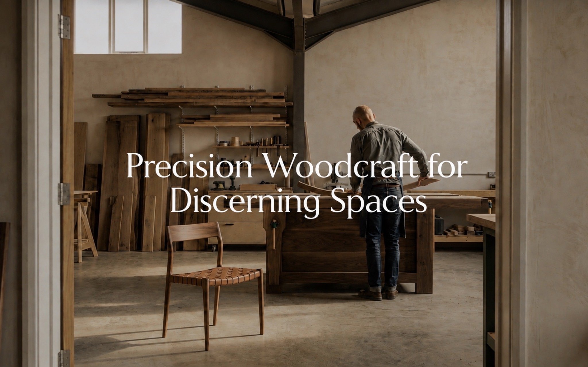 A man working in a woodworking studio with wooden shelves, panels, and furniture. The text overlays read 'Precision Woodcraft for Discerning Spaces'.