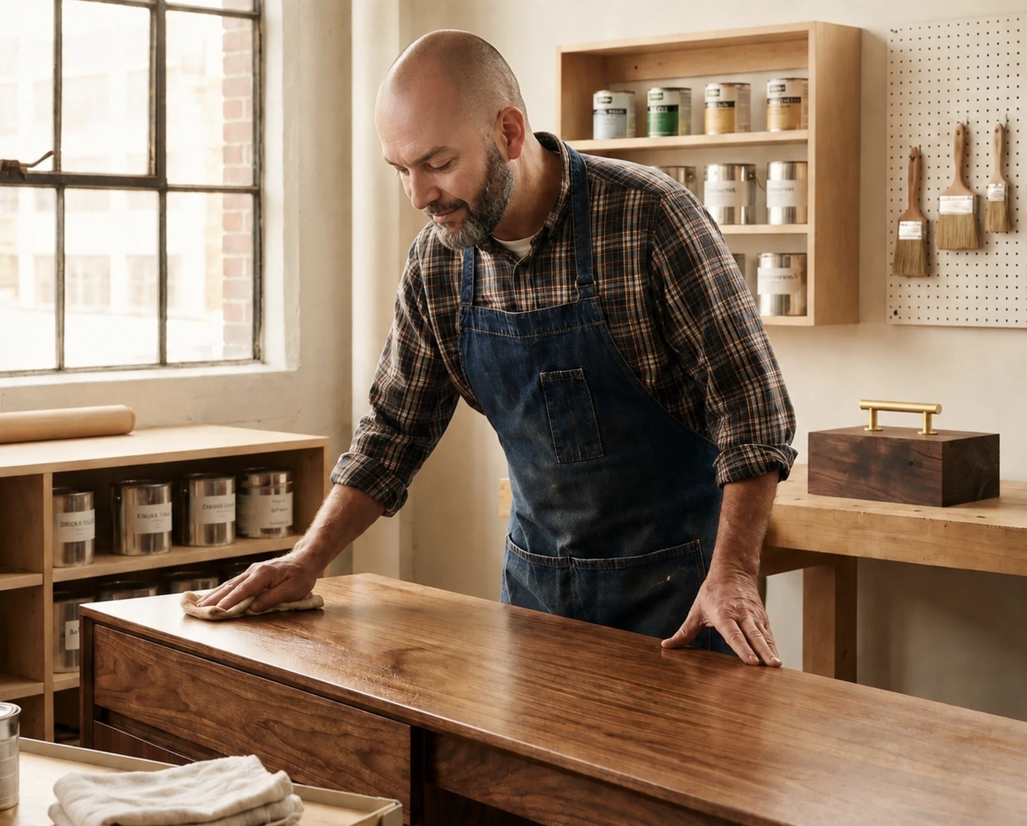 A man with a bald head and gray beard wearing a plaid shirt and blue apron cleaning a wooden table in a workshop with shelves of paint cans and brushes in the background.