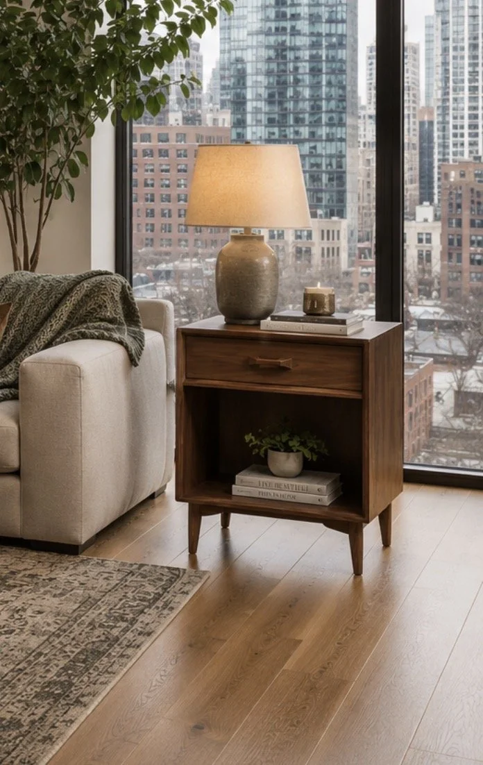Indoor living room with beige sofa, green blanket, wooden side table with a large lamp, books, a candle, and a small potted plant, with a city skyline through large floor-to-ceiling windows.