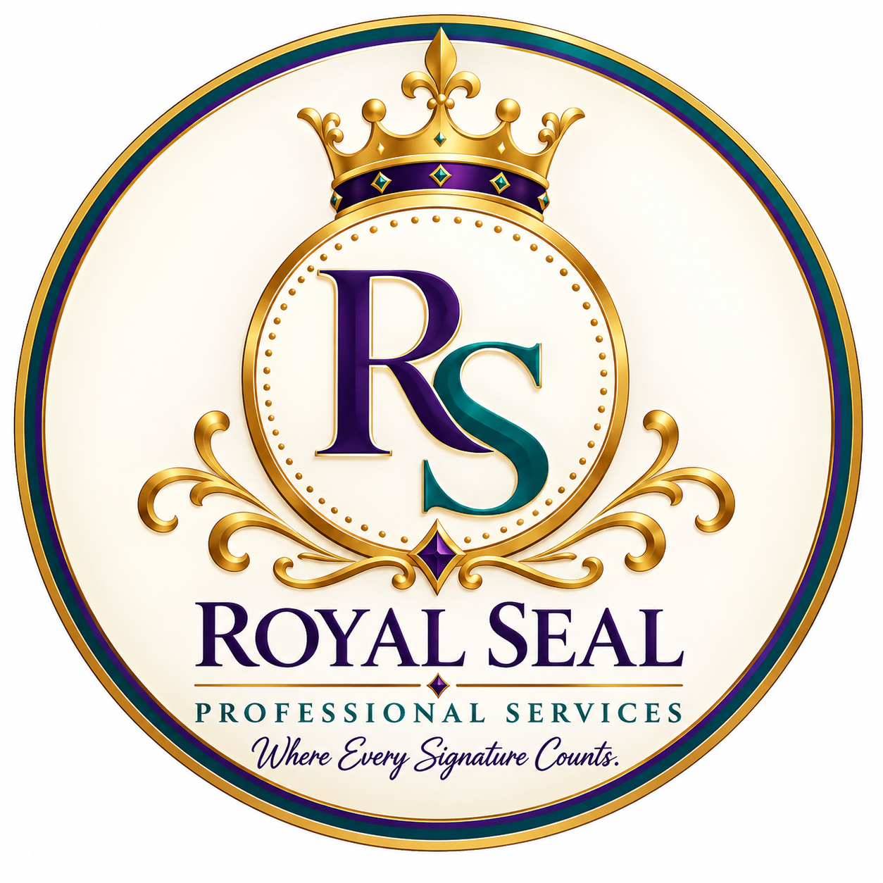 A circular logo with a gold crown on top, featuring the letters 'R' and 'S' inside a gold-bordered circle. Below, it says 'Royal Seal Professional Services' with the tagline 'Where Every Signature Counts.'