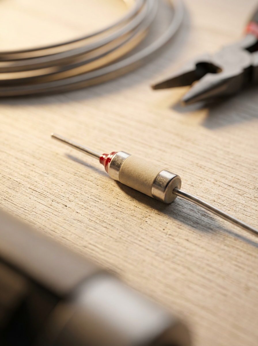 A medical syringe lying on a light wood surface, with a stack of plates and a pair of pliers in the background.