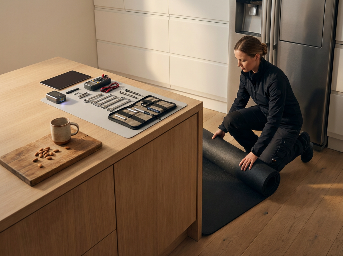 A woman in black workout clothes is kneeling on a yoga mat, rolling up the mat in a kitchen with white cabinets and a stainless steel refrigerator. There is a wooden kitchen island with a cutting board, a coffee mug, a nuts, and a collection of tools and electronic devices arranged on it.