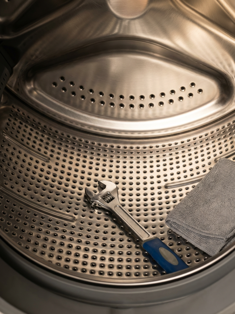 Inside a washing machine drum with a wrench and a gray cloth placed inside.