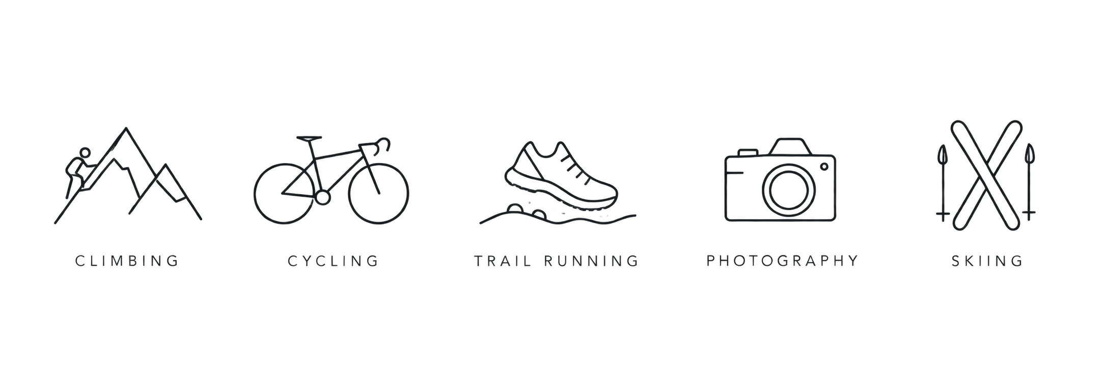 Icons representing climbing, cycling, trail running, photography, and skiing.