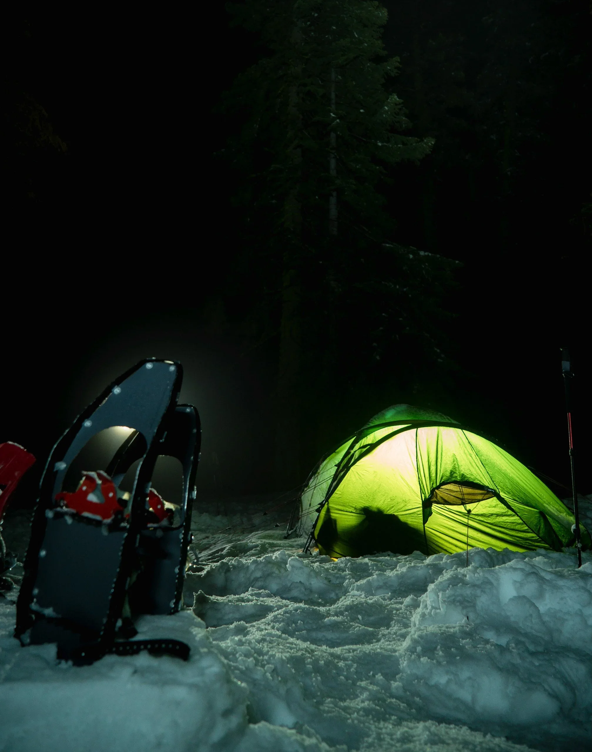 Nighttime snow-covered ground with a green illuminated tent, snowshoes, and a mountain bike in the foreground, surrounded by dark trees.