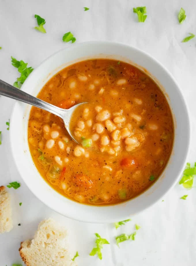 Bowl of fasloatha, a Greek white bean soup.