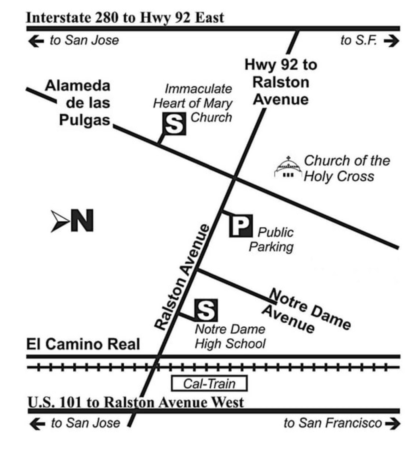 Map of directions near Ralston Avenue, showing streets, landmarks, and parking options, including highways and local roads.