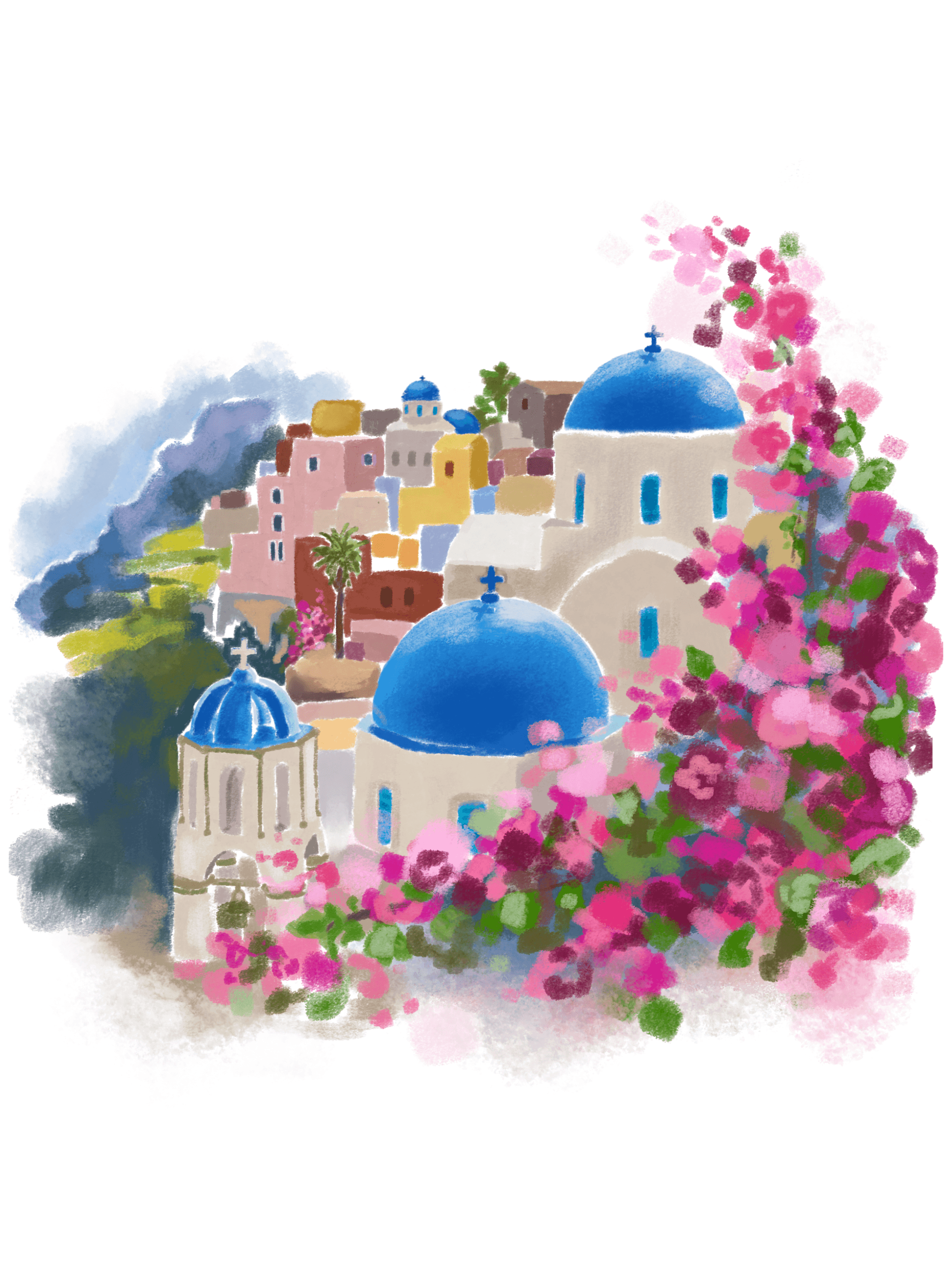 A watercolor painting of a scenic Greek town with classic white buildings featuring blue domed roofs, greenery and bougainvillea, with green mountainscape in the background.