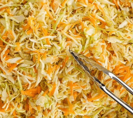 Close-up of lahanosalta, a Greek slaw made with shredded cabbage and carrots
