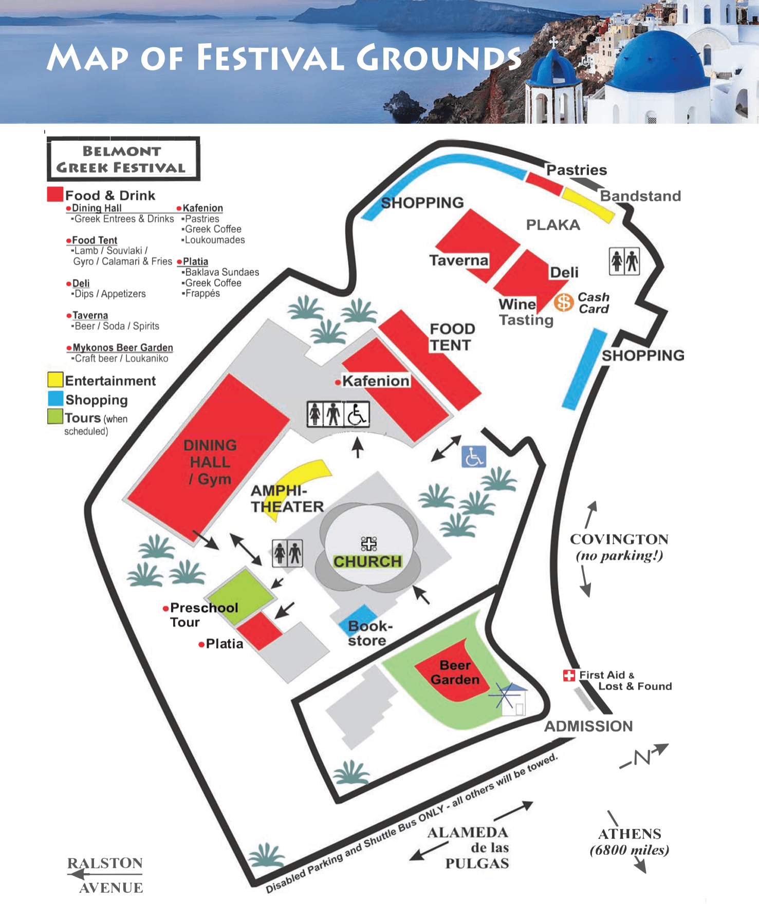Map of festival grounds at the Belmont Greek Festival showing various zones including food and drink areas, entertainment, shopping, tours, and facilities like restrooms, first aid, and parking.