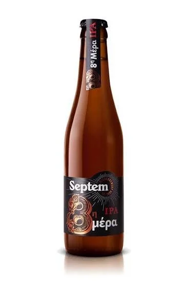 A brown glass beer bottle with a black label reading 'Septem', the name of a Greek Brewery, and the text depicting that it is their signature IPA.