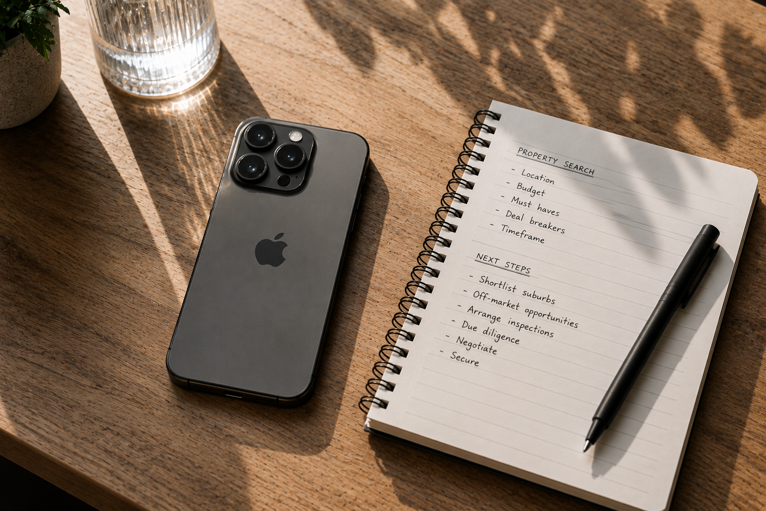 Property search notes, smartphone and notebook used by a Brisbane buyer's agent.