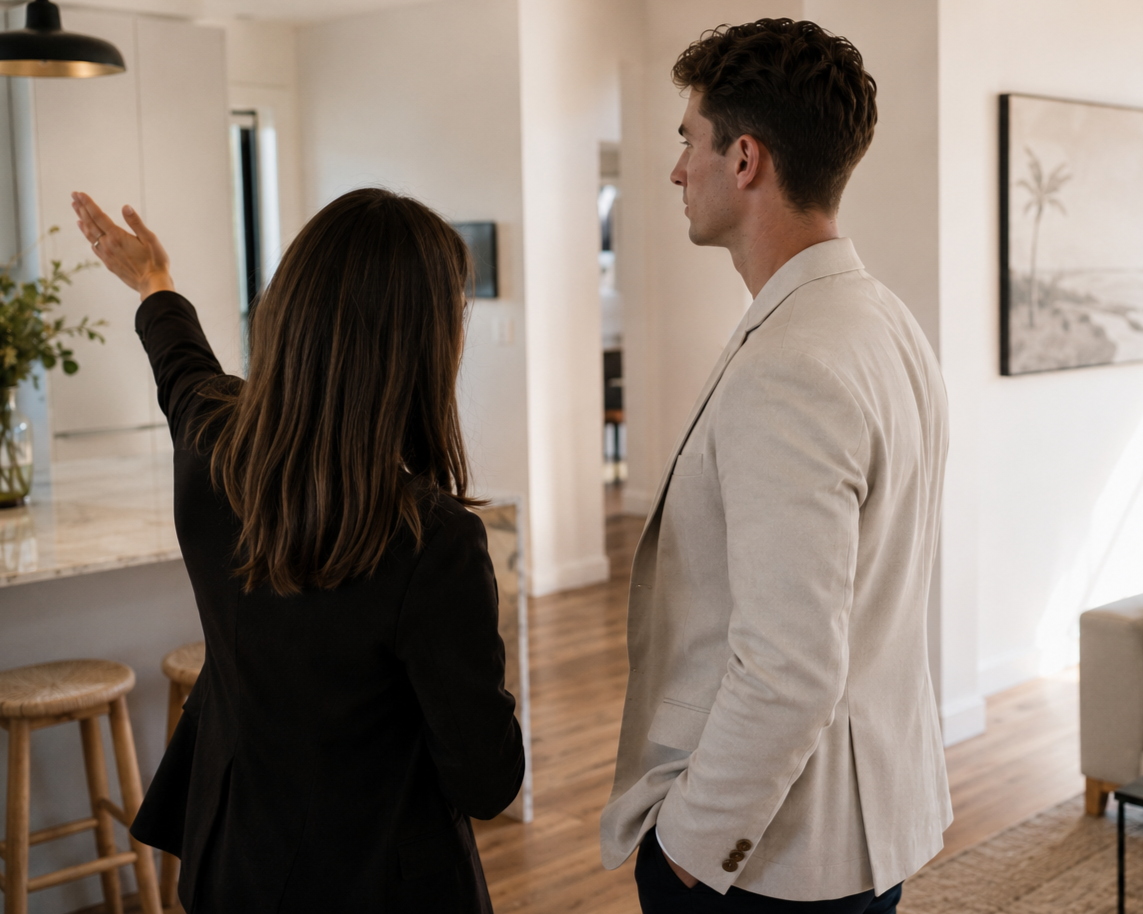 A woman with brown hair gestures and speaks to a man with brown hair dressed in a beige blazer, in a modern home interior.
