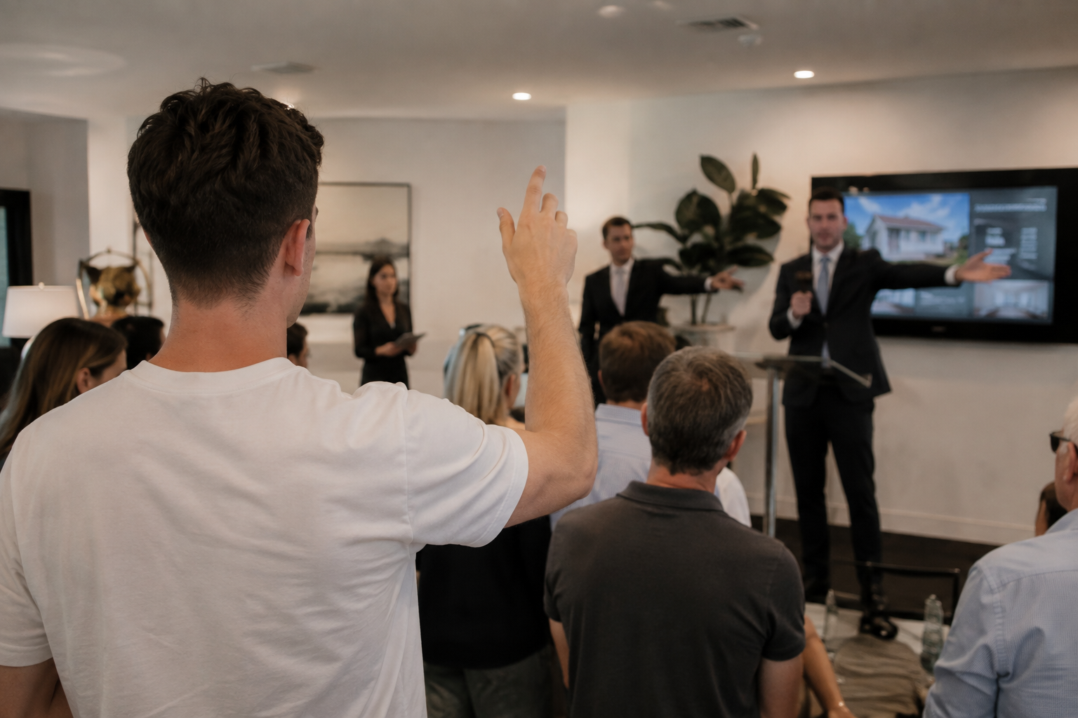 A man raises his hand during a presentation in a conference room, with a speaker and a presentation screen at the front.