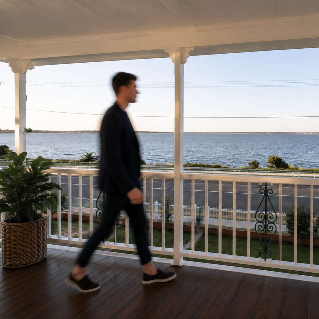 A person walking on a balcony overlooking a body of water, with a railing and some potted plants in the foreground.