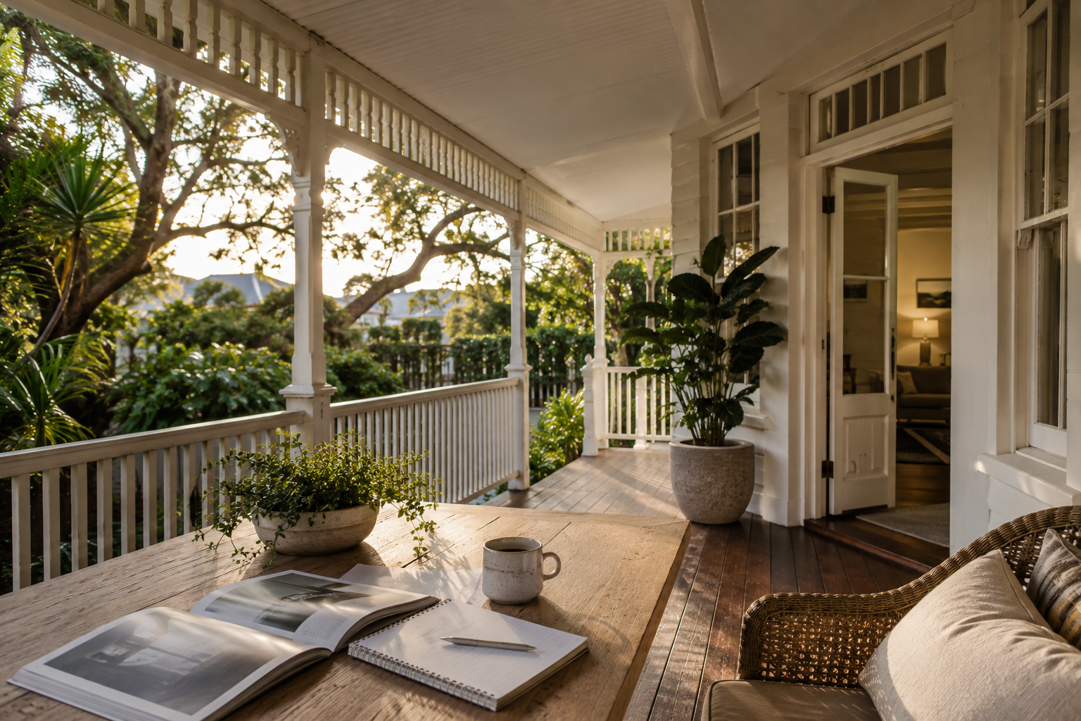 Cozy porch with a wooden table, open magazine, mug, and notes, surrounded by greenery, warm lighting from inside, and sunset sunlight filtering through trees.