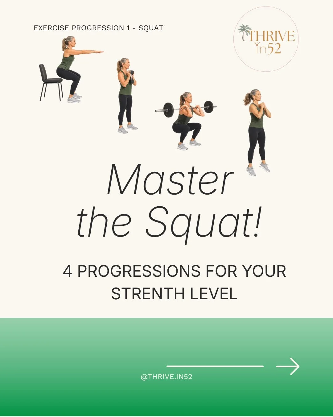 💪 Every strong squat starts with a solid foundation.
The best squat isn't the most advanced one&mdash;it's the one that matches your current ability.
This progression helps you build strength safely and confidently:
🟢 Chair Squat &rarr; Learn the m