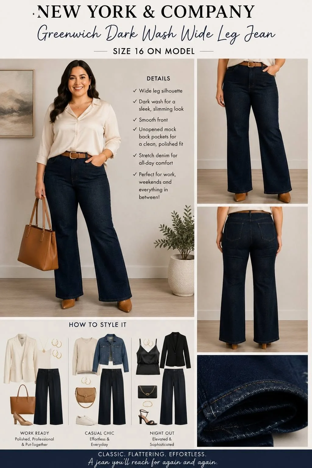 Advertisement for New York & Company Greenwhich Dark Wash Wide Leg Jean, showing front, back, and styling options, with a woman wearing the jeans and options for how to style it.