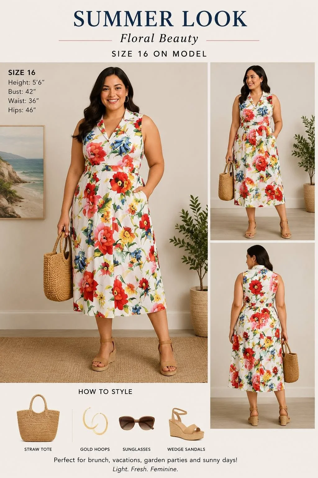 A woman modeling a floral summer dress with a sleeveless design, holding a straw tote bag, wearing wedge sandals and gold hoops, standing in a room with potted plants and a painting, showcasing the dress from front and back views, with styling tips a