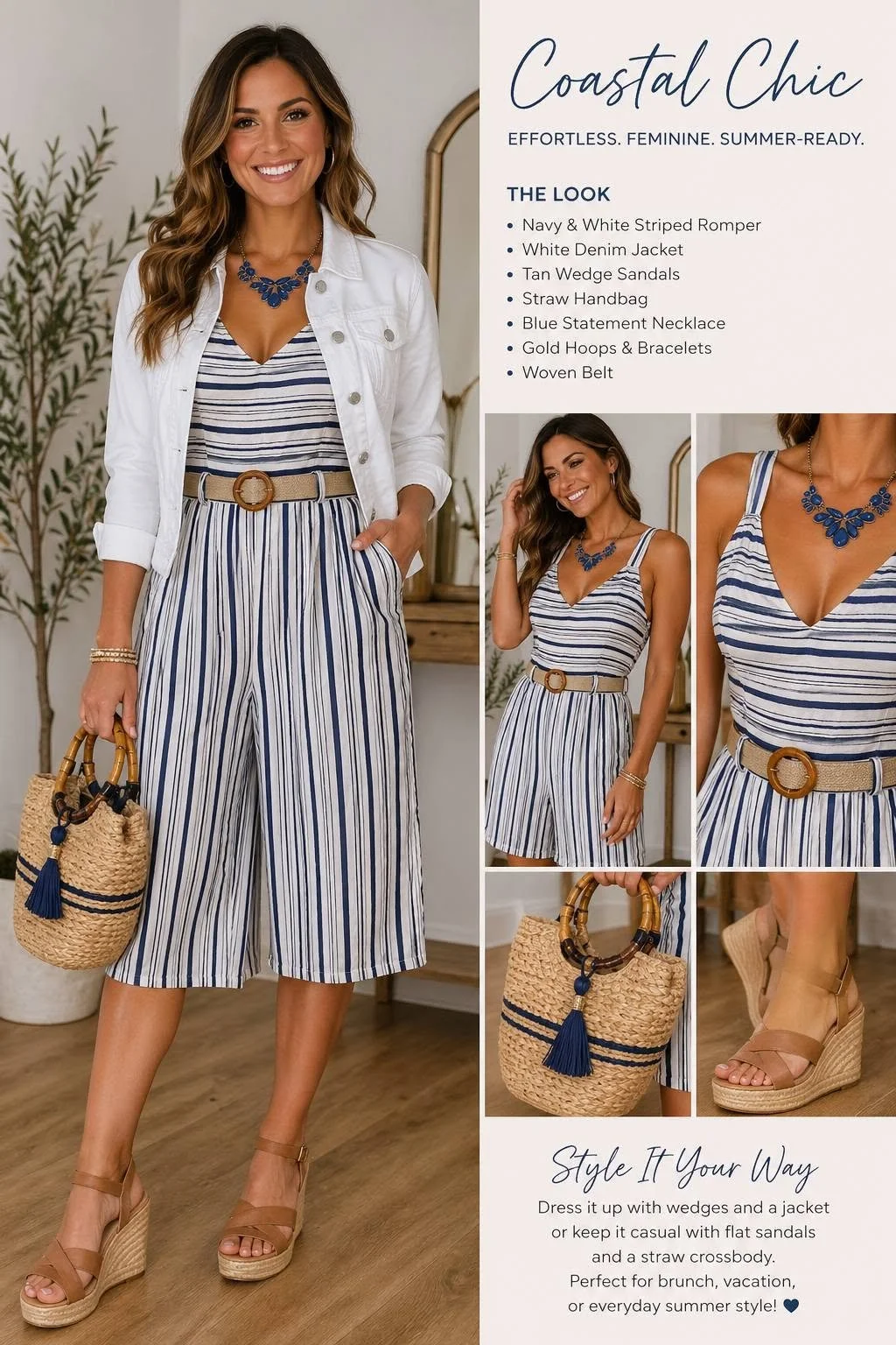 Woman in coastal chic outfit with striped romper, white denim jacket, beige wedge sandals, straw handbag, blue statement necklace, and gold jewelry, standing indoors with plants and wooden decor.