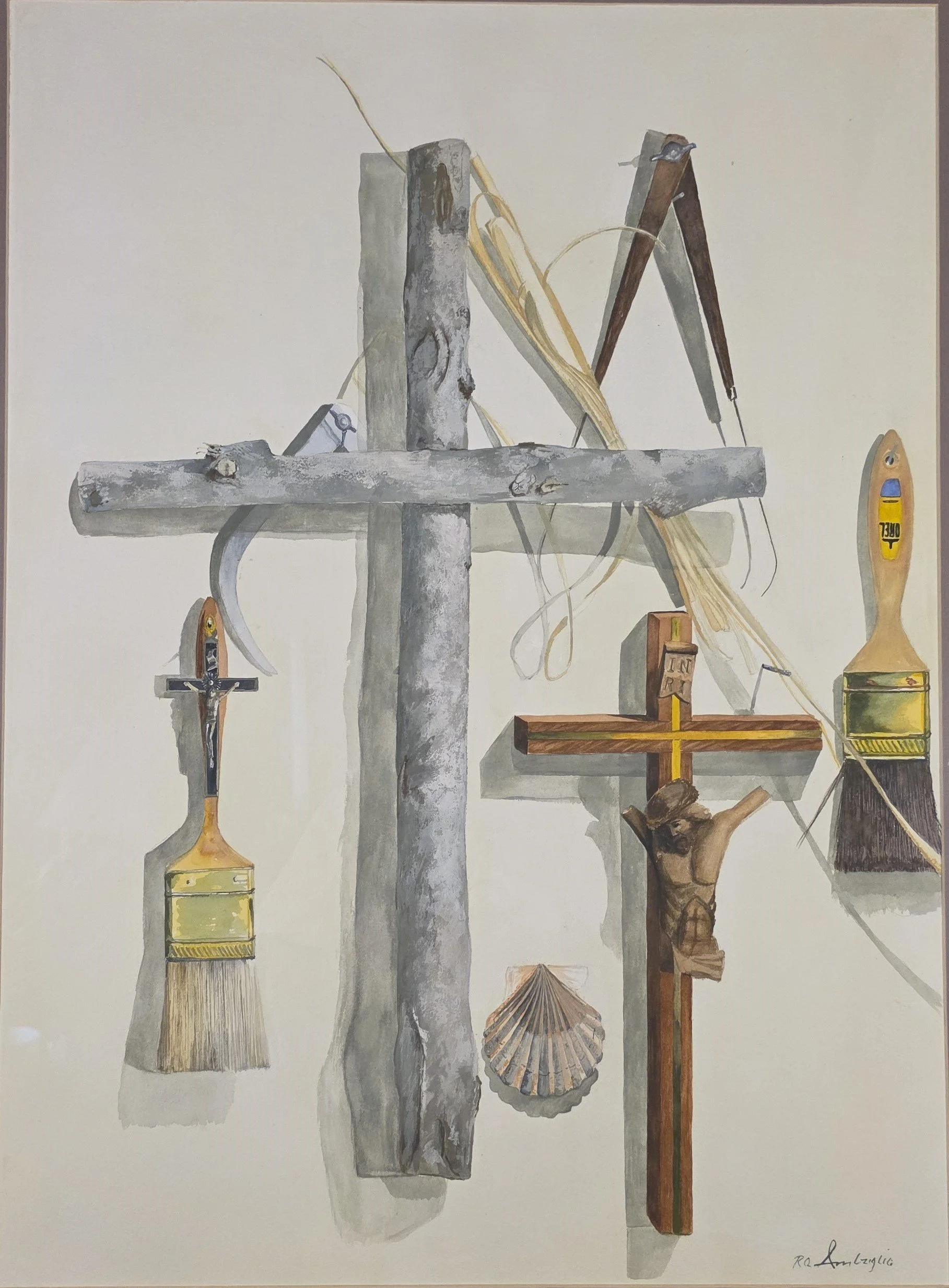 A watercolor painting of various objects attached to a wooden and concrete pole, including a crucifix, a shell, a cross, hats, and a small boat, with a neutral background.