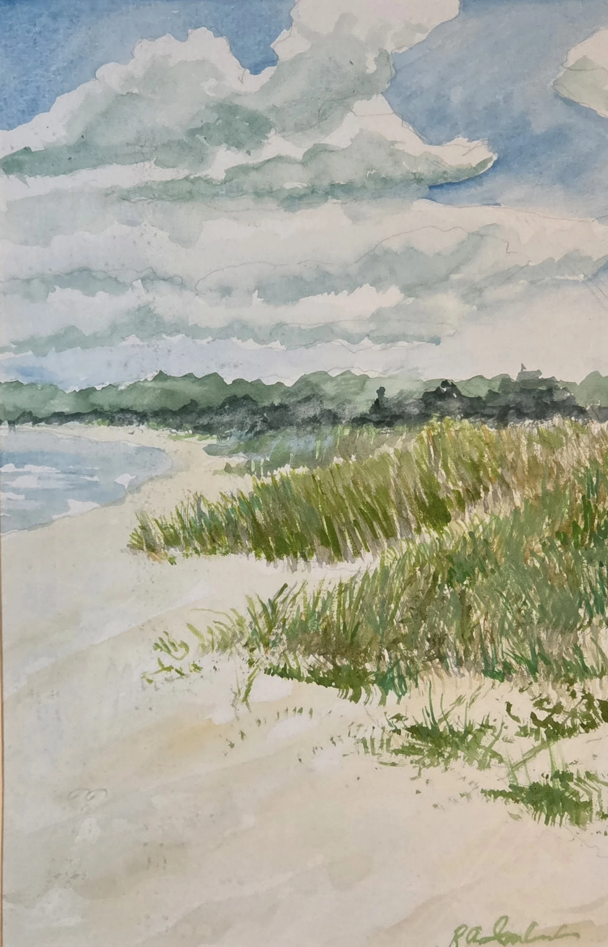 A watercolor painting of a beach with cloudy sky, green grass, and distant shoreline.