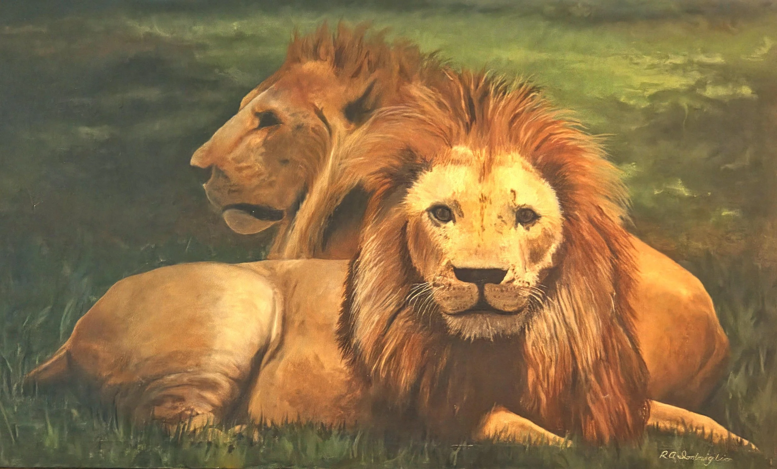 Oil painting of a lion lying on grass with a lionesses leaning against his back. 