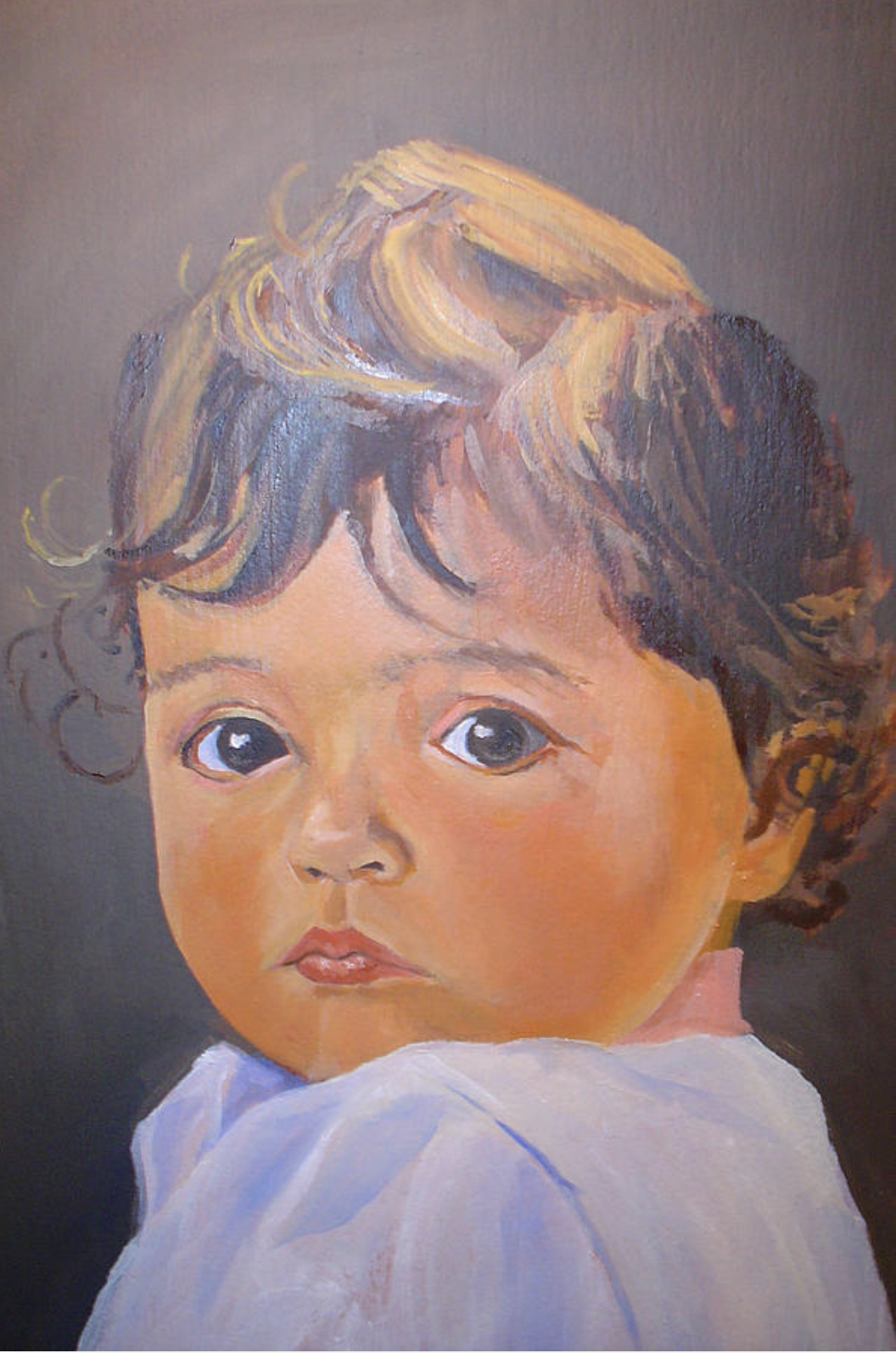 Oil painting of a young child's face with big eyes and shoulder-length curly hair, wearing a white shirt, against a dark background.