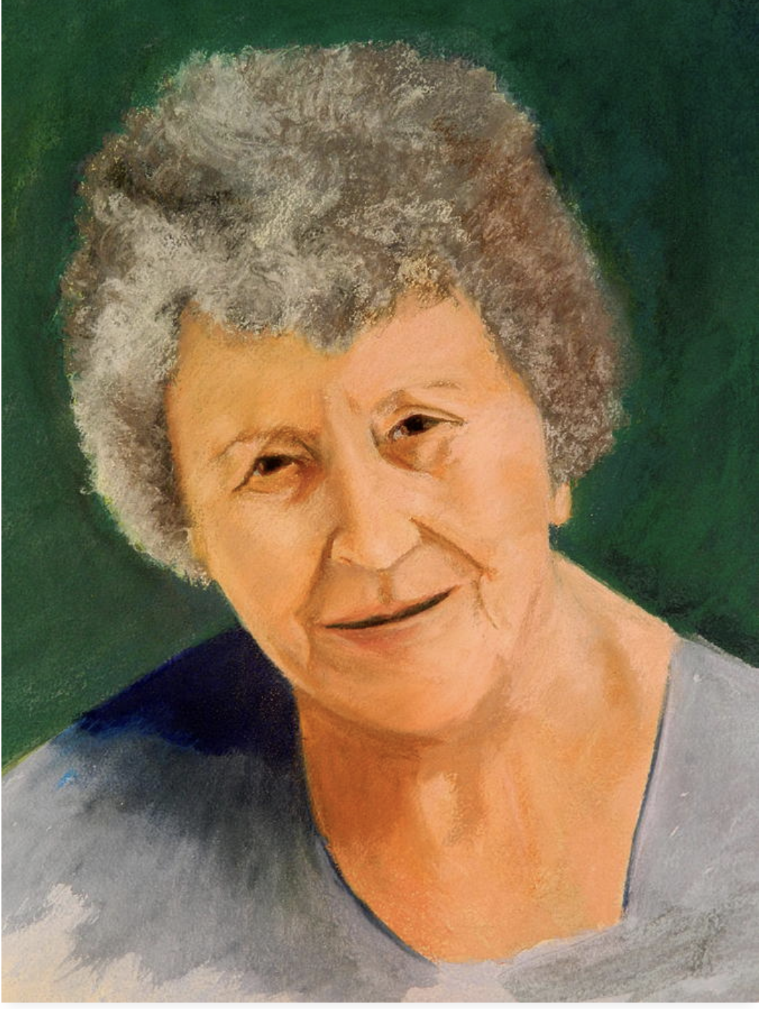 Close-up painting of an elderly woman with short, curly gray hair, smiling, wearing a gray top, against a dark green background.