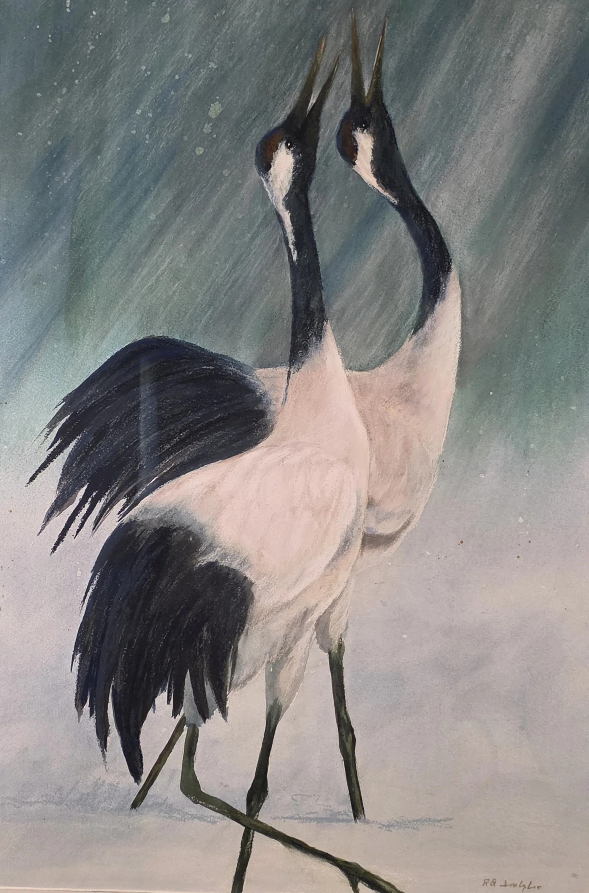 Painting of two cranes standing on a branch with a muted sky in the background.