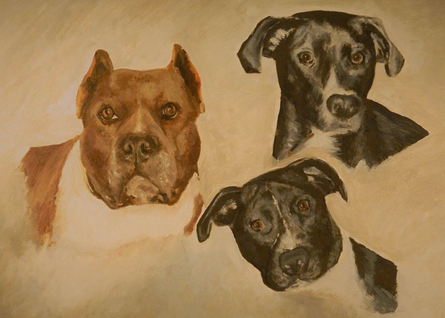 Painting of three dogs, each with detailed facial features, set against a neutral background. The dogs are depicted with realistic fur textures and expressive eyes.