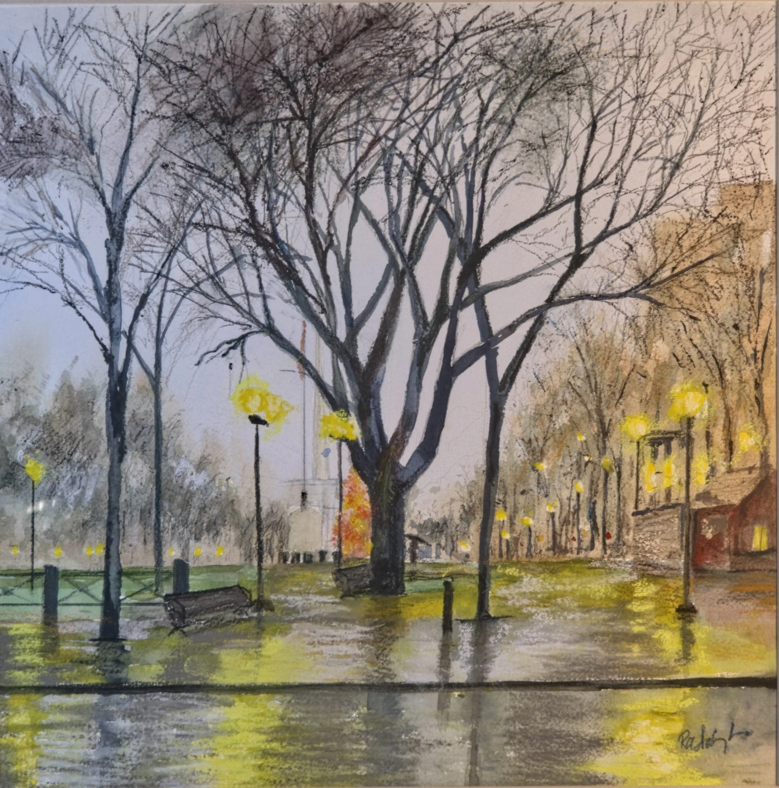 A painting of the New Haven square in late fall, with bare trees and reflected yellow light. 