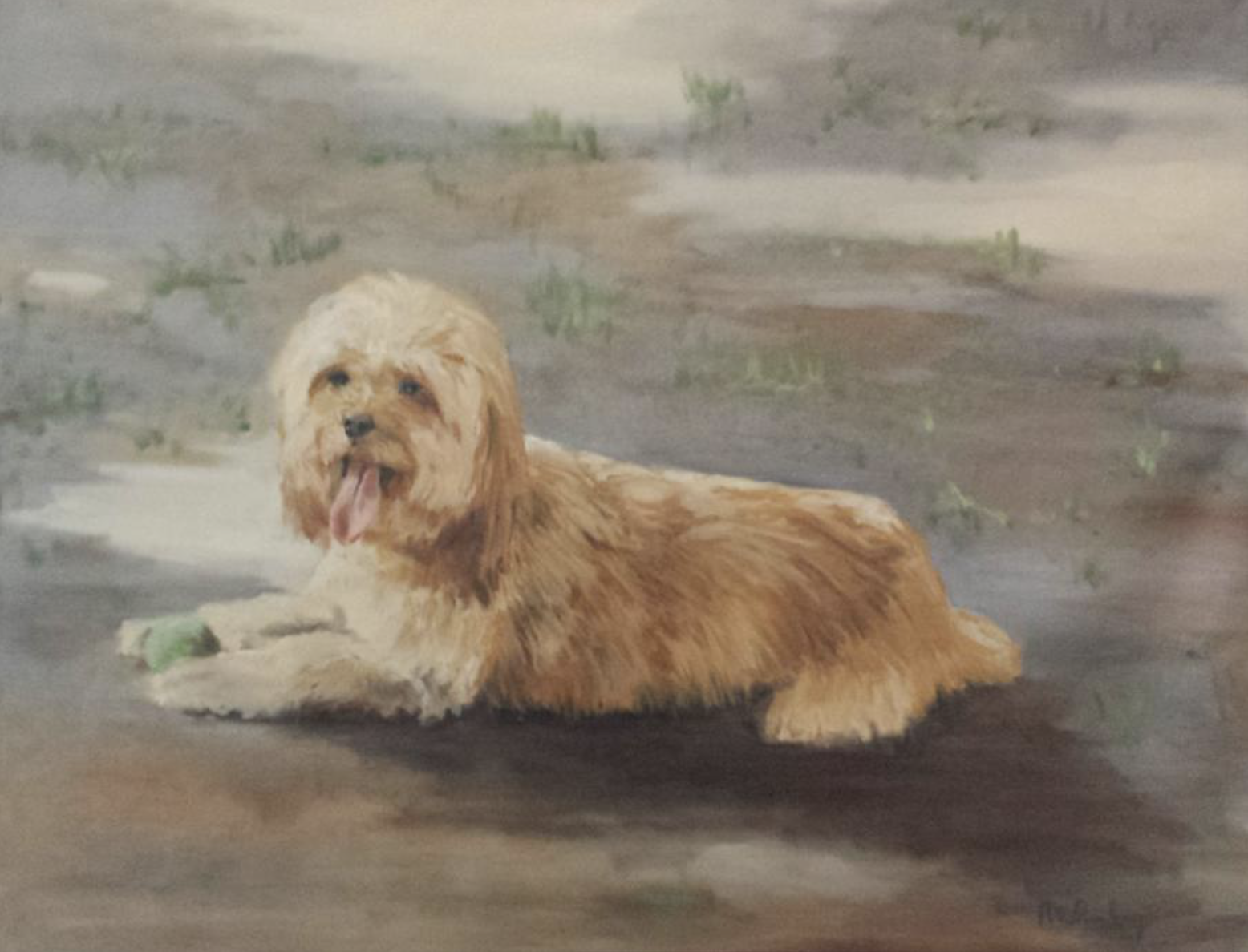 A painting of a fluffy, golden-brown dog lying on the ground outdoors, with its tongue hanging out, against a background of grass and dirt.