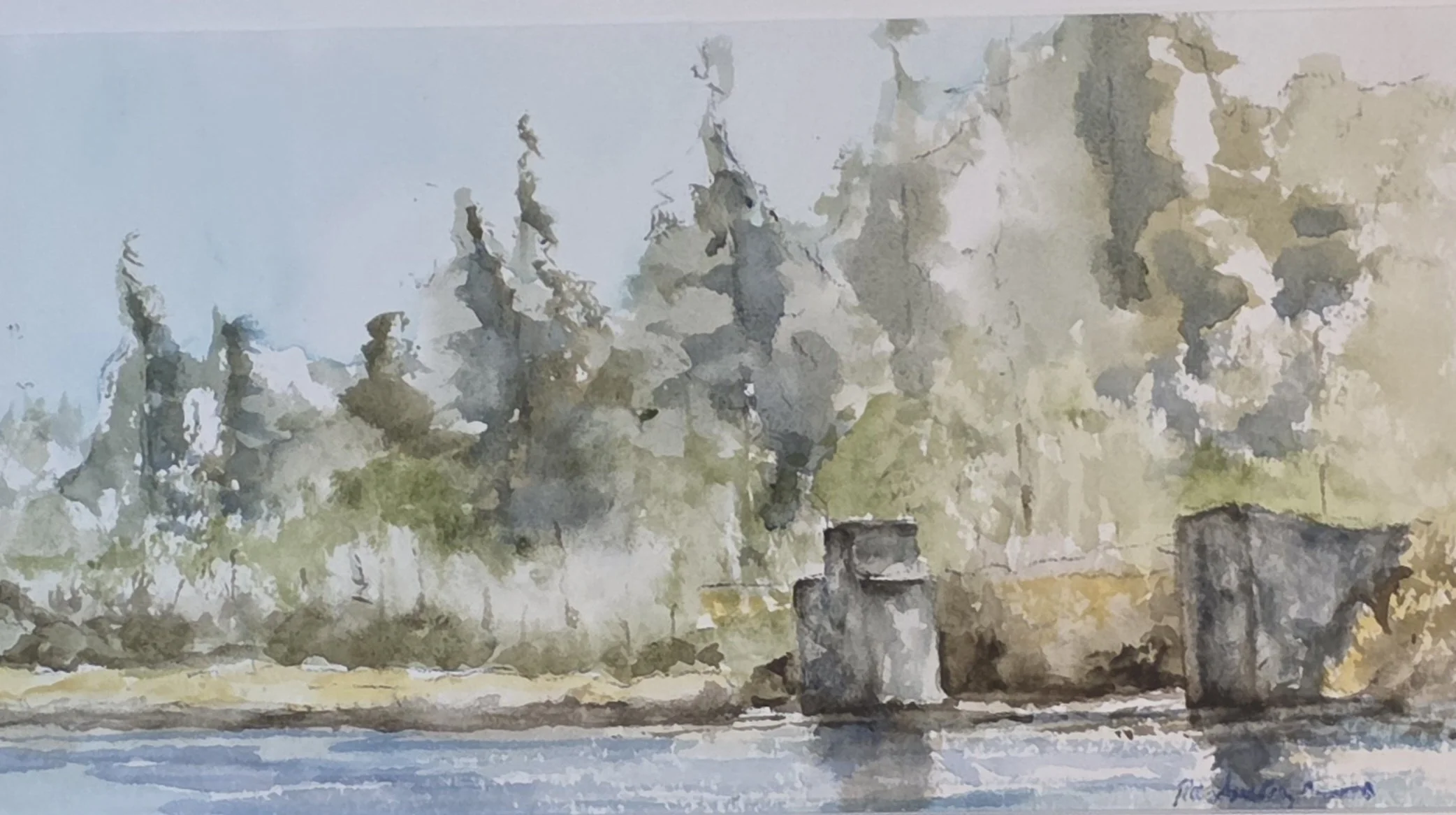 A watercolor painting of a rural scene with trees, a wooden fence, and what appears to be a small house or structure, rendered in soft, muted colors.