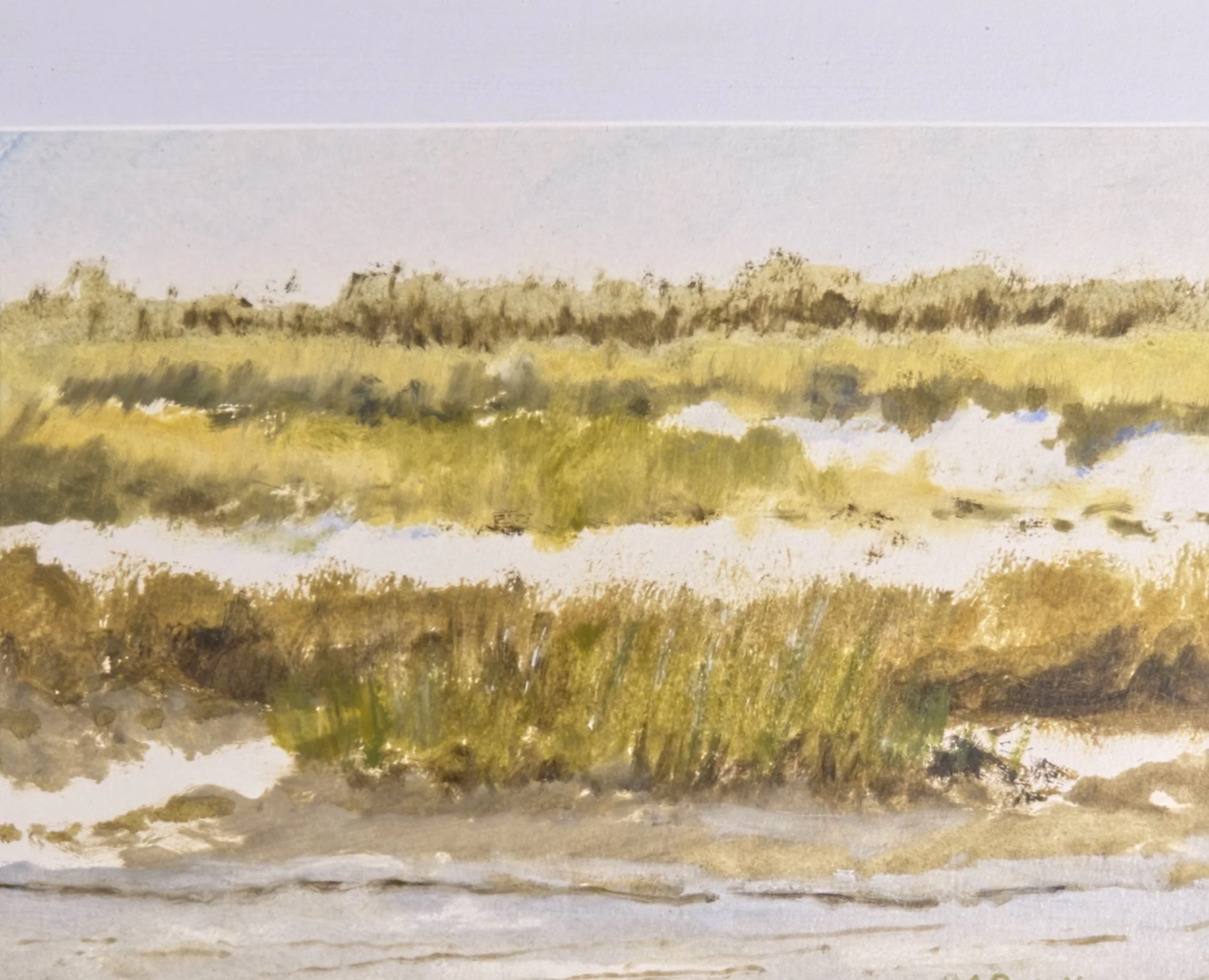 A watercolor landscape painting featuring a river or lake with trees and grass along the shoreline under a light-colored sky.
