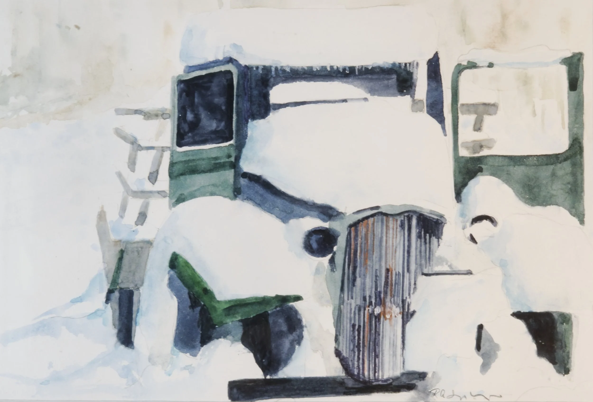 Watercolor painting of an antique green and gray car in the snow. 