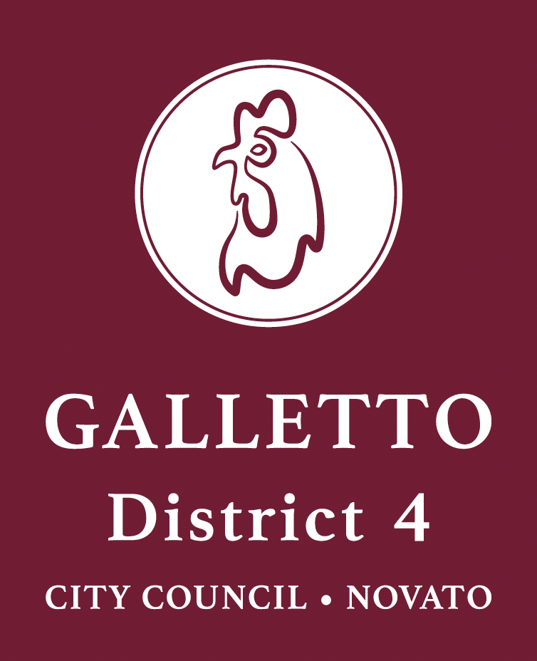 Campaign sign for Galletto District 4 City Council in Novato, featuring a stylized rooster logo on a maroon background.