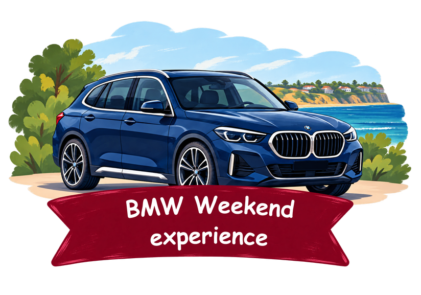 Illustration of a blue BMW SUV parked near a scenic coastline with trees, hills, and ocean in the background, and a red banner at the bottom that reads "BMW Weekend experience."